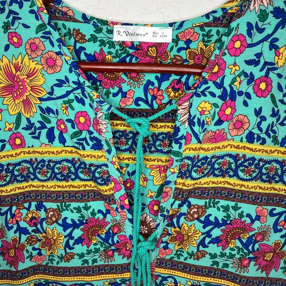 R VIVIMOS Bohemian Floral Midi Dress in Teal Size L - Picture 5 of 10